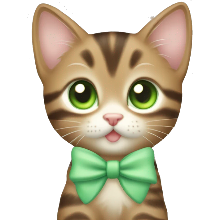 kawaii brown tabby kitten with green eyes and pastel green bow on head emoji