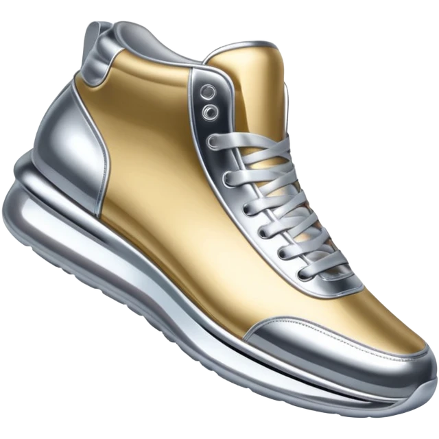 A pair of futuristic sneakers emoji made of silver chrome, sleek streetwear design, smooth metallic panels, subtle reflections, luxury swag aesthetic, iOS emoji style, centered, clean white background emoji