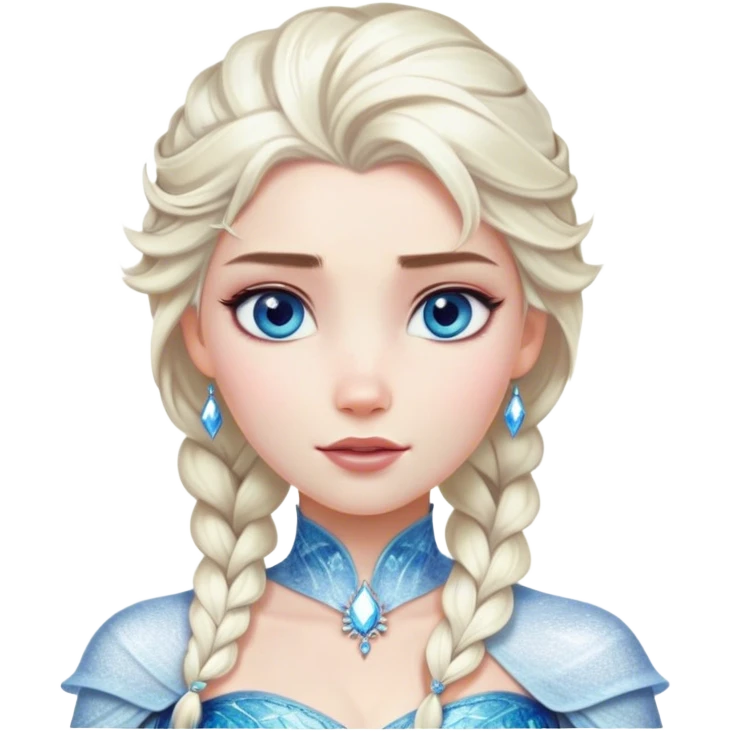 Cinematic Realistic Elsa Portrait, depicted with lifelike skin texture, soft natural lighting, and intricately detailed platinum blonde hair styled elegantly. Her striking, expressive blue eyes exude confidence and grace, complemented by a serene and regal expression. She is dressed in her signature icy attire, with shimmering fabric textures and delicate folds that catch the light beautifully. The portrait features a soft, enchanting glow with a cool, radiant finish, capturing the essence of timeless elegance in a realistic and painterly style, evoking a sense of depth and authenticity. emoji