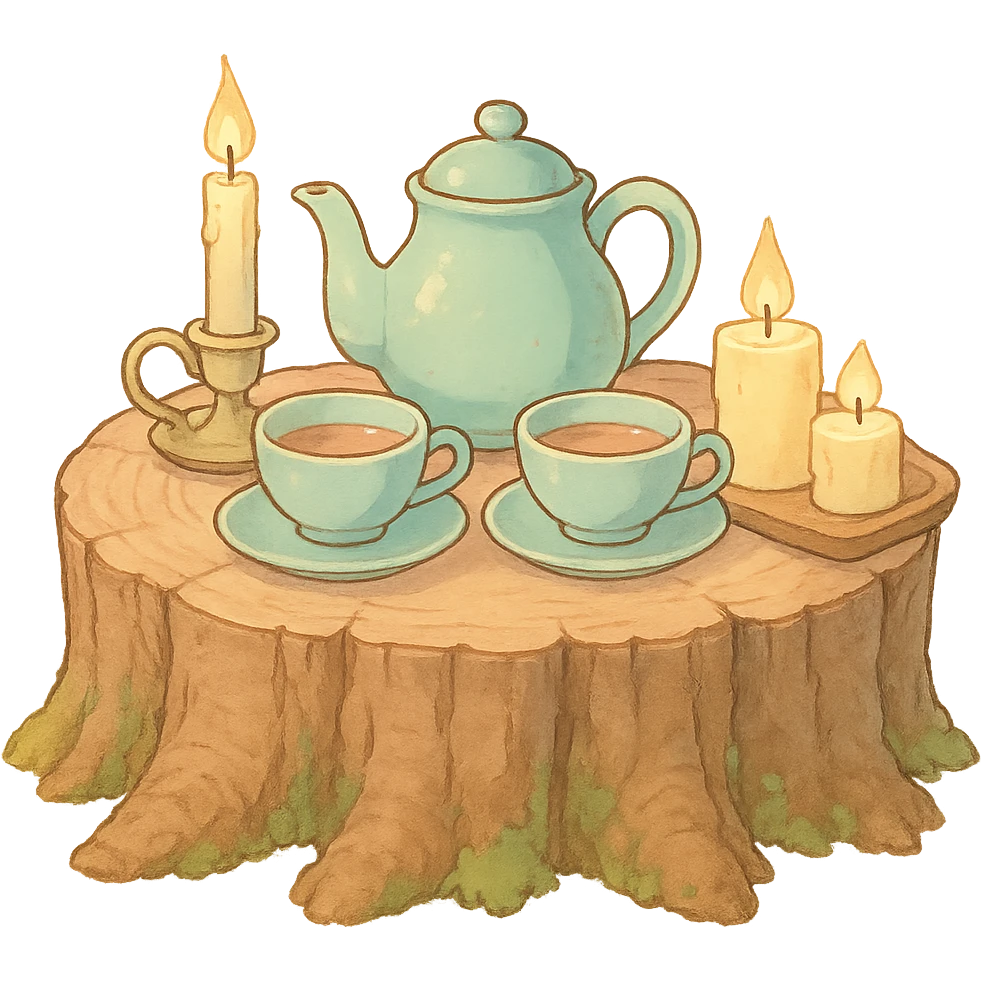 stump table with tea set and candles, kawaii cottagecore vibes, soft pastel colors, ghibli style emoji