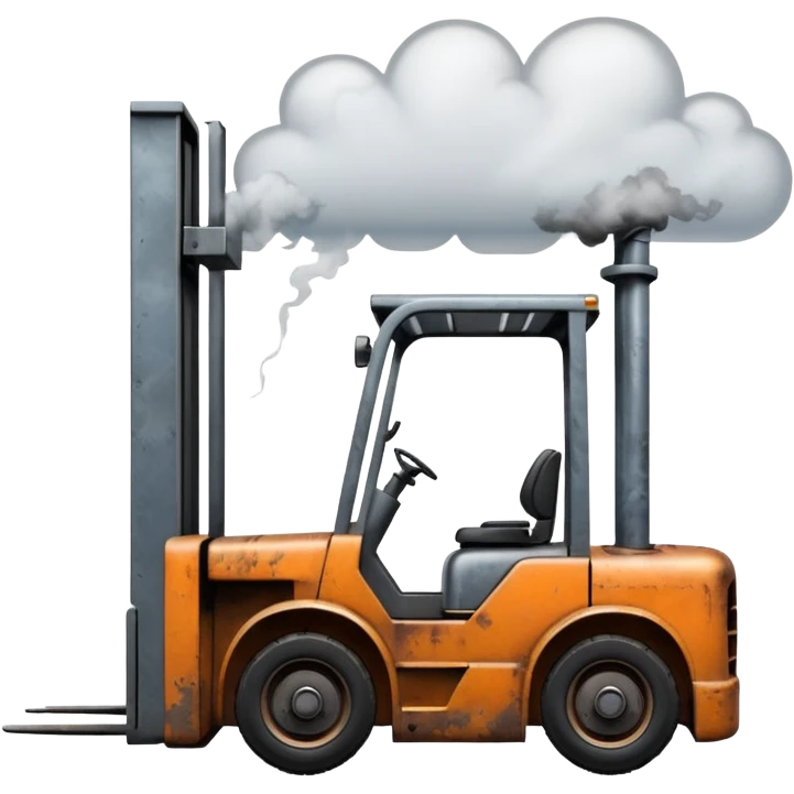 ugly, broken forklift with clouds of smoke around emoji