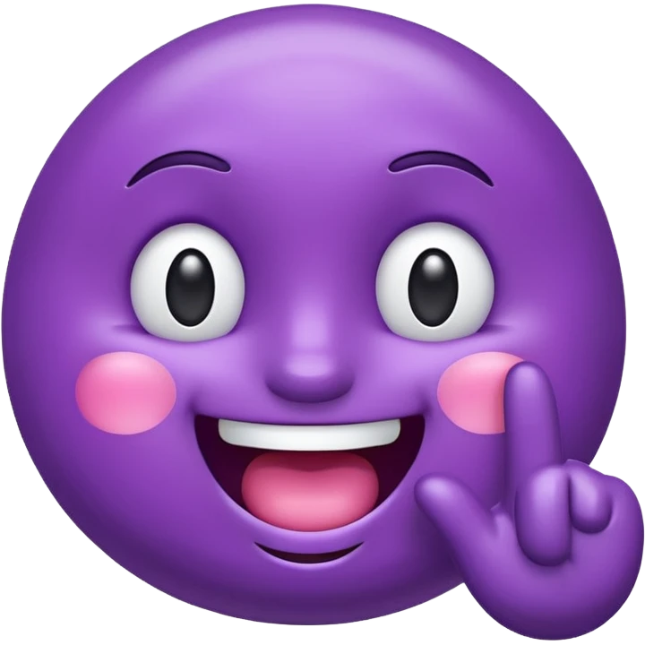 "A glossy 3D purple emoji character with shiny, reflective surface, puffed cheeks as if holding in laughter, eyes squinting mischievously, white cartoon hands — one covering its mouth and the other pointing upward with the index finger. Cute, exaggerated facial expression, smooth rounded shape,  emoji