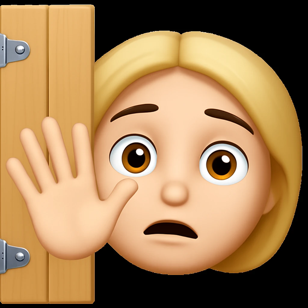 Add a hand waving to the cartoon face peeking from behind a door, front view, in emoji style. emoji