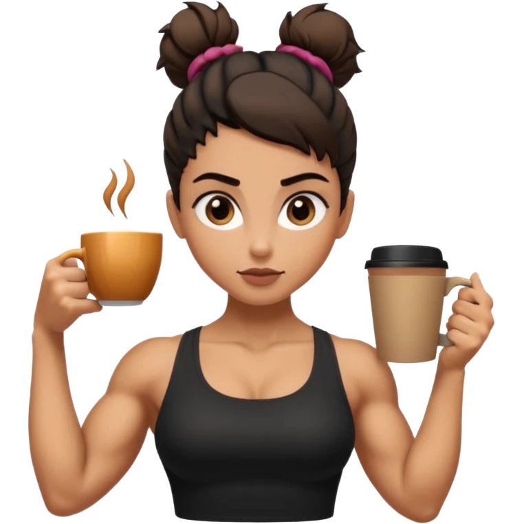Caramel skinned toned female with black messy bun and coffee colored almond shaped eyes; flexing muscular toned biceps emoji