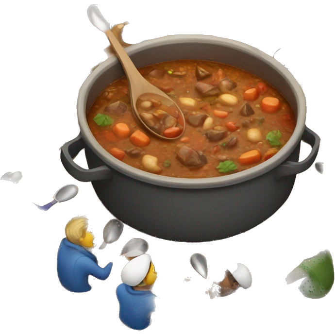pot of stew on table with people holding long spoons surrounding said table emoji