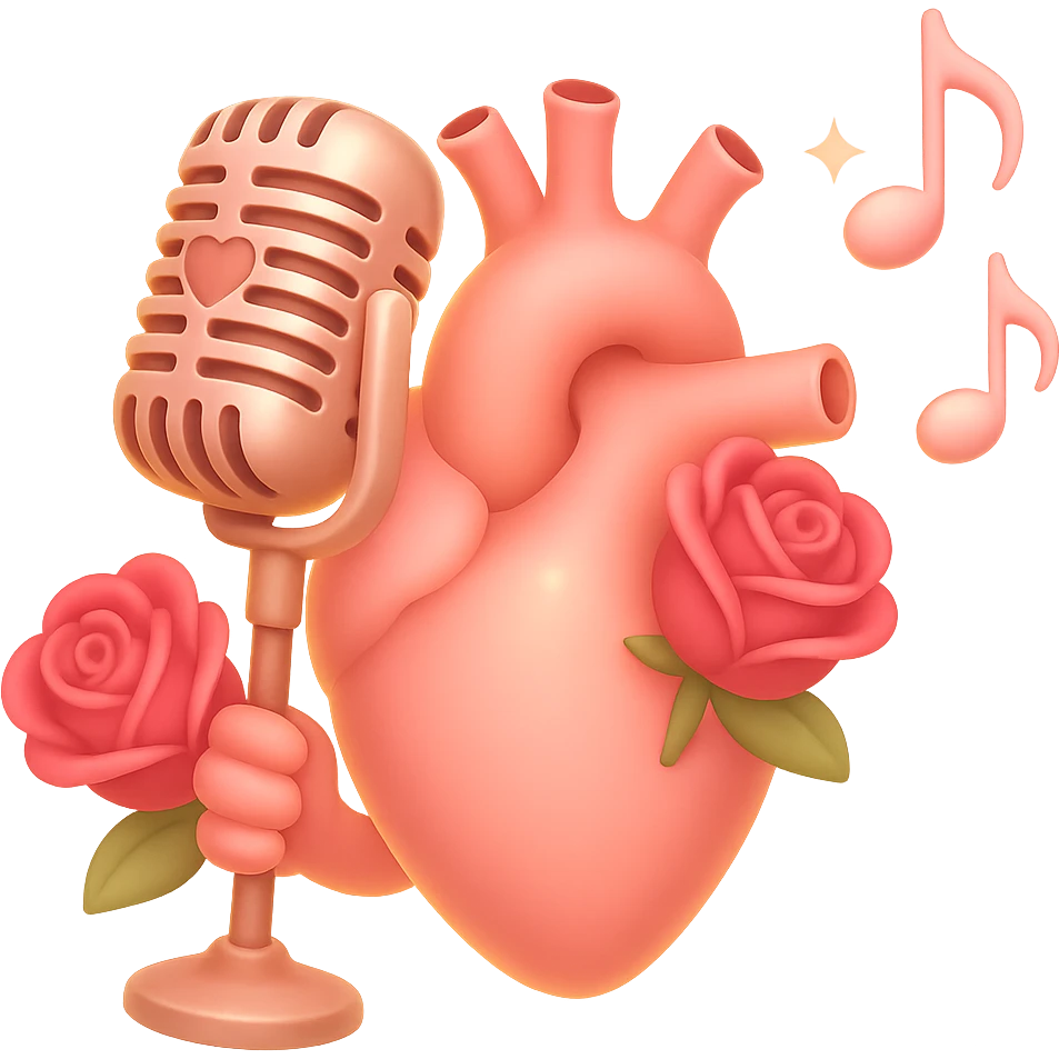 Make the anatomical heart holding a vintage microphone, surrounded by music notes, even more romantic in emoji style. Add roses, soft pink accents, and a gentle glow. No background. emoji