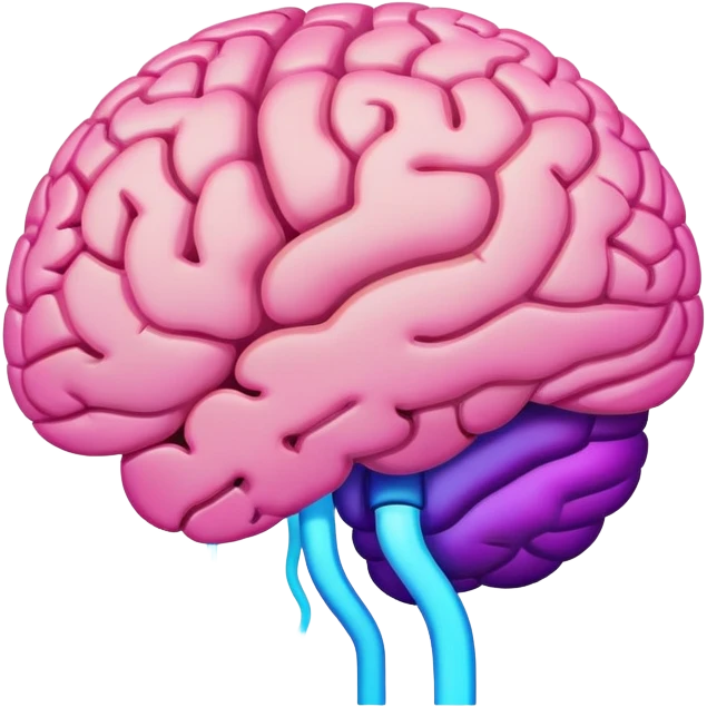 brain in regular pink/flesh color, with neon glow effect, blue neon glow on top left, purple neon glow on bottom right emoji