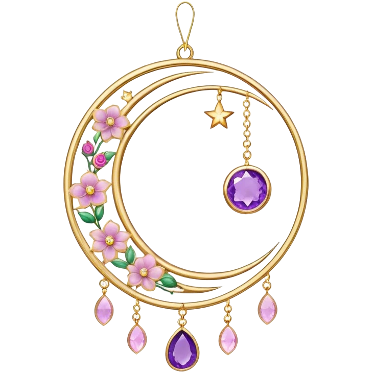 Epic beautiful gorgeous cute gold suncatcher, threads with shiny sparkly amethyst and rose-quartz gemstones, flowers, crescents-moons emoji
