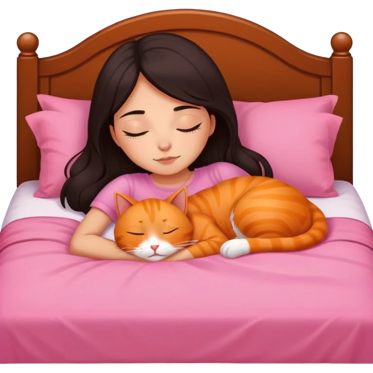 Girl with honey skin and thigh length dark blackish brown hair sleeping in a bed with a pink bed set next to her orange cat emoji