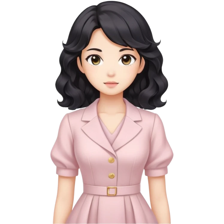 Confident kawaii anime businesswoman with beautiful black wavy hair wearing a soft feminine pastel dress, future boss lady emoji