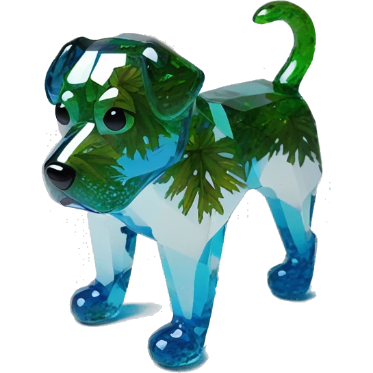 A dog made of glass mirror crystals prisms glass transparent filled with plants as a terrarium with graffiti doodles emoji