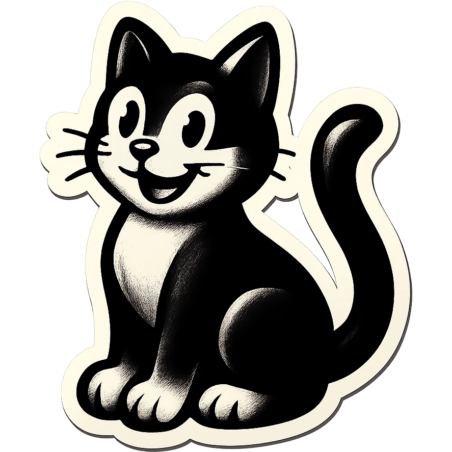 black and white cat, retro sticker style, bold outlines, no color emoji