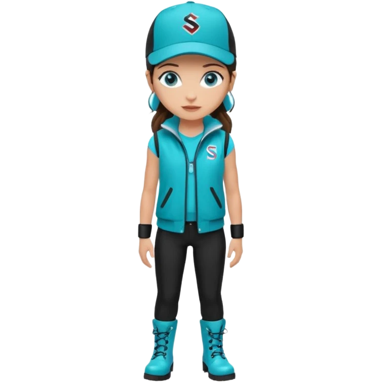 A landscaper in a beautiful turquoise jacket, turquoise rubber boots, and black pants. Over the turquoise jacket, she wears a black sleeveless vest. On her head, she wears a black Swissotel baseball cap. The girl is a brunette with blue eyes. emoji