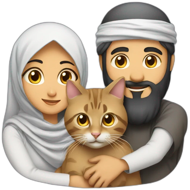 A muslim coupe with a arabic man and a hijabi arab girl with a cat in their arms emoji