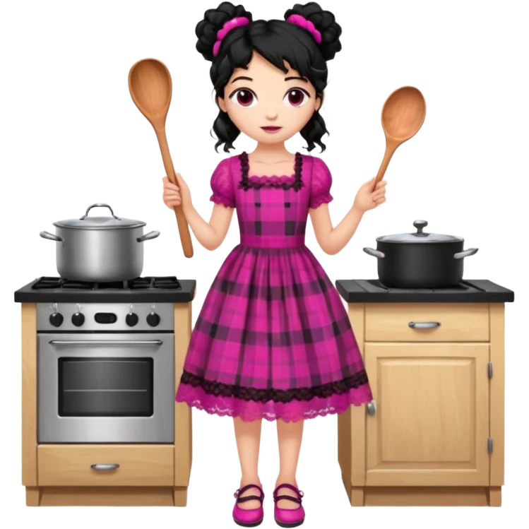 
A beautiful girl wears a fuchsia lace dress with a plaid pattern. Her long, curly black hair is styled in a messy bun. She wears accessories and holds a wooden kitchen spoon. She is standing and wearing black shoes. The illustration style is clipart. emoji