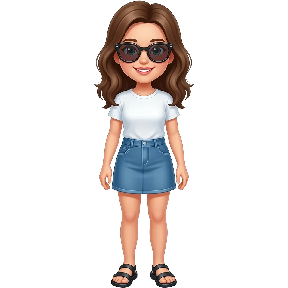 girl wearing t-shirt. skirt, sandals and sunglasses emoji