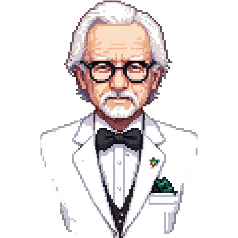 Colonel Sanders KFC, old man with white hair, white goatee, black bow tie, white suit, glasses emoji