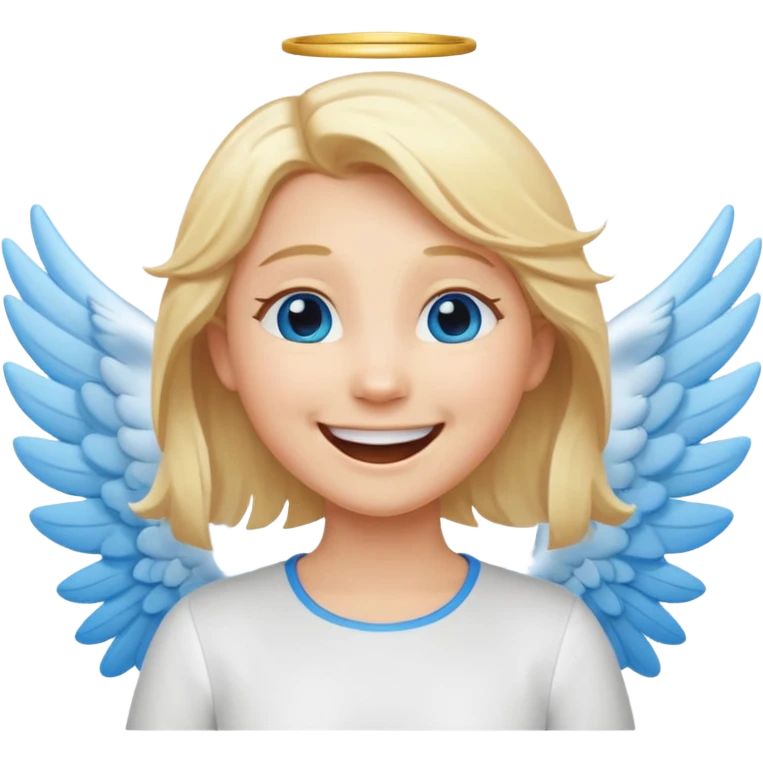 angel emoji blonde hair, blue eyes and smiling, larger wings with darker outline on them and bigger smile and more smiley eyes laughing emoji