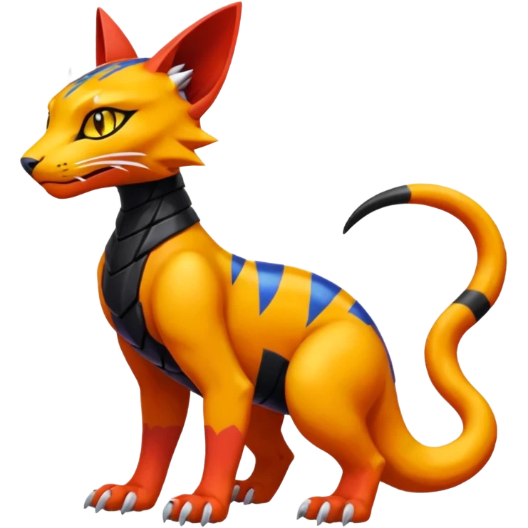 Colorful orange red black yellow Bastet-Salandit-Gatomon-Vernid-Protogen-Digimon-Fakémon-Pokémon-creature  (full body) emoji