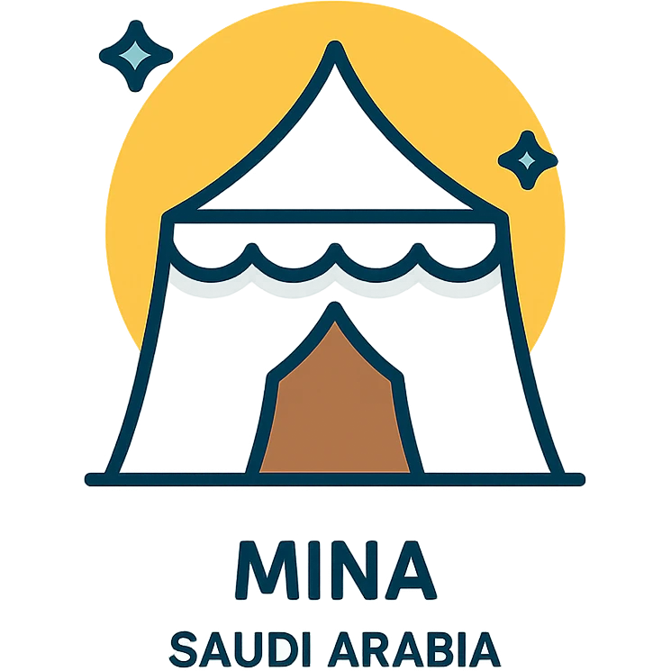 white pilgrim tent in Mina Saudi Arabia, Islamic Hajj theme, flat icon style emoji