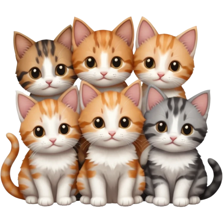 6 tiny kittens cuddling together all different colours, the first one is grey and white, the second is ginger and white and the third is brown tabby and white emoji