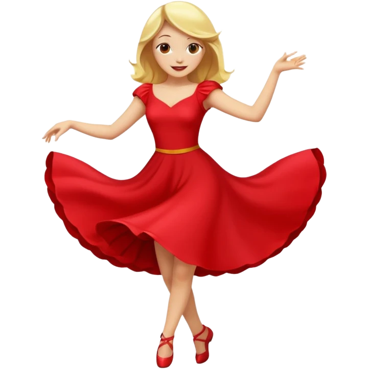 a yellow-blonde woman dancing wearing a red dress, in flat emoji / Apple style, smooth shapes, glossy highlights, bright saturated colors, simple features, minimal details, no outlines, red clothes flowing, joyful pose emoji