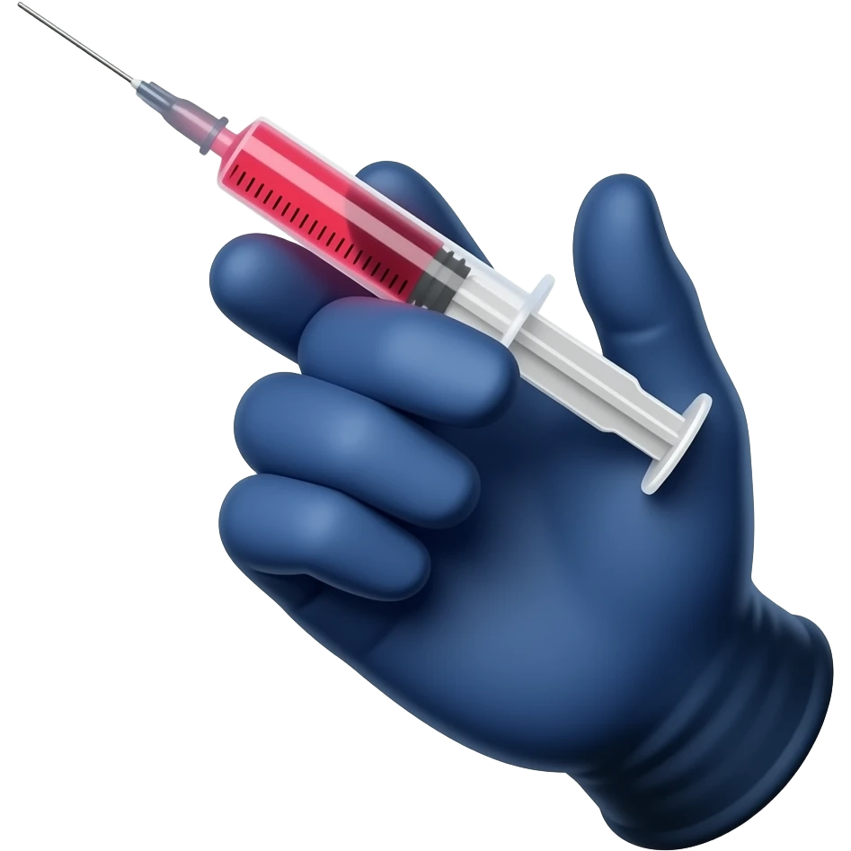 A gloved dainty male hand holding a syringe with glowing neon-red liquid inside. The glove is black but is cobalt-blue on the palm Side emoji