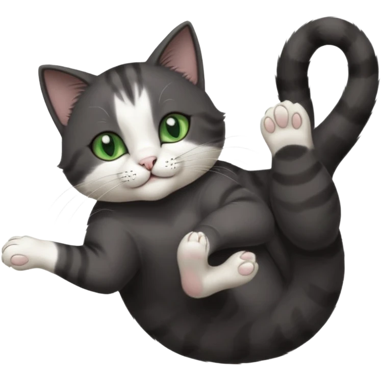 beautiful female solid dark grey cat with green eyes, white toes/paws and white patch on her chest playfully rolling upside down emoji