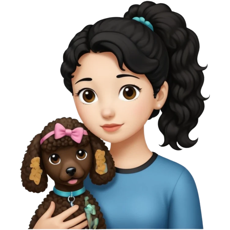Ponytail black hair girl with brown Poodle say goodbye  emoji