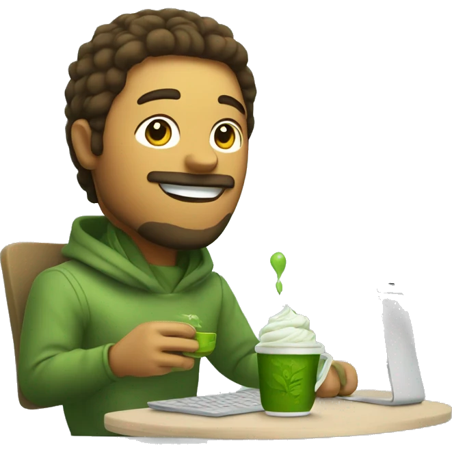designer works on a computer and holds matcha tea in his hands
 emoji