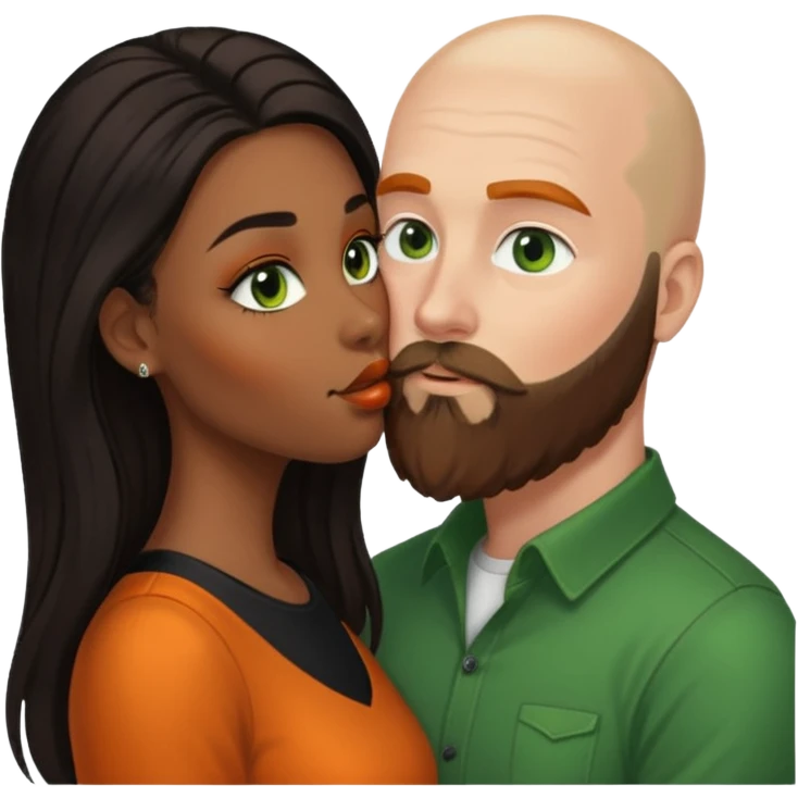 ebony black women with long balayage brown/black hair.  She is kissing bald white man. The White man is pale, green eyes has orange facial hair and long beard emoji