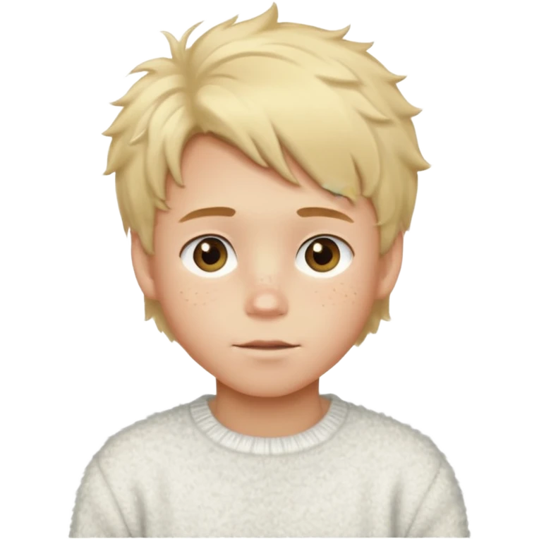 create-a-look-for-a-blond-boy-with-long-tousled-hair-light-eyes-a-white-sweat + fluffy white sweater + styled hair blonde with hair to the side cute + cute face with freckles  medium hair fluffy to the side no long hair cute hair blonded no messy medium height blue eyes emoji