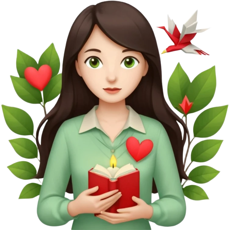 Gentle woman with fair skin, long dark brown hair, green eyes, light green blouse, holding a book to her chest. Surrounded by a heart, paper crane, leaves, and candle. Waist-up, front-facing emoji