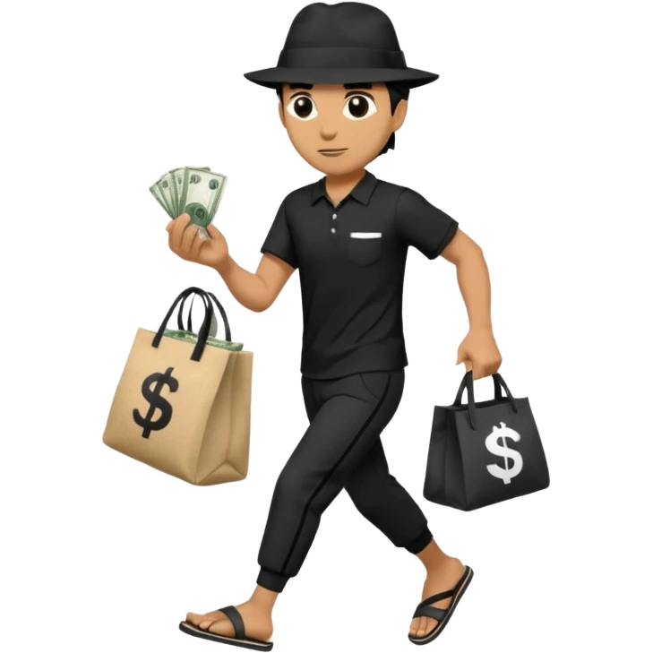 Make a man wear a black pant and he shirt is balck line and white line and wear a black hat and he holding a money bag and he running he wear a black eye thing no money in the Left hand and he yellow and the money bag in the right he wear a flip flop like this is Money bag 💰 NO MONEY emoji