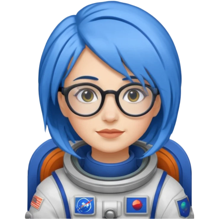 Female astronaut with blue hair, wear glasses, non helmet emoji