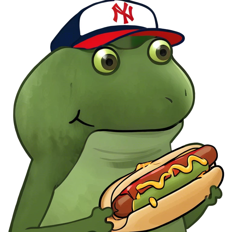 wearing a yankees hat, holding a hotdog emoji