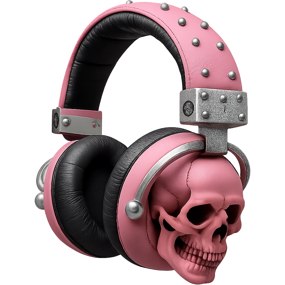 Isolate and keep only the realistic pink gothic headphones with sculpted skulls, leather texture, and silver studs in a photorealistic style with no background. emoji