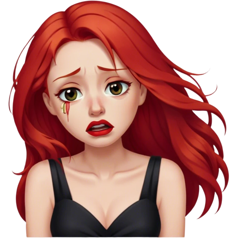 a crying woman with long red hair and red eyes. The woman wear a black little cutted dress. She have red lipstick and she have a seductive look. She cryed tears  emoji