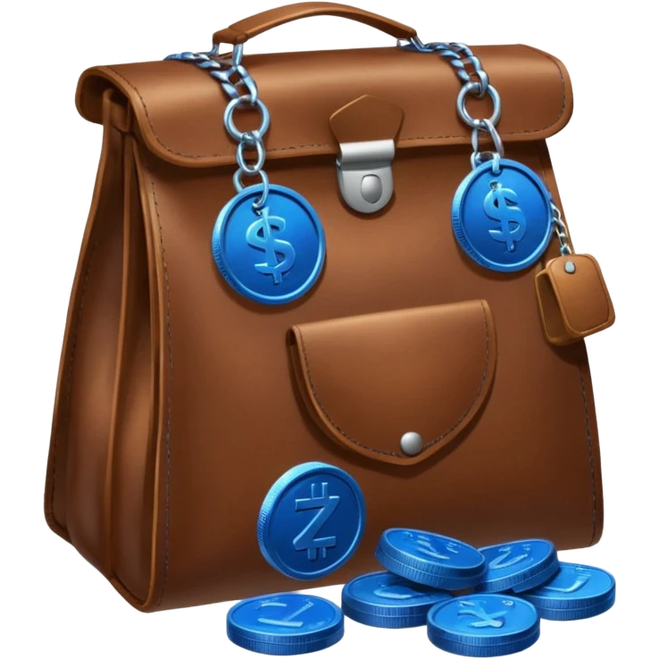leather bag on top of blue coins stack emoji