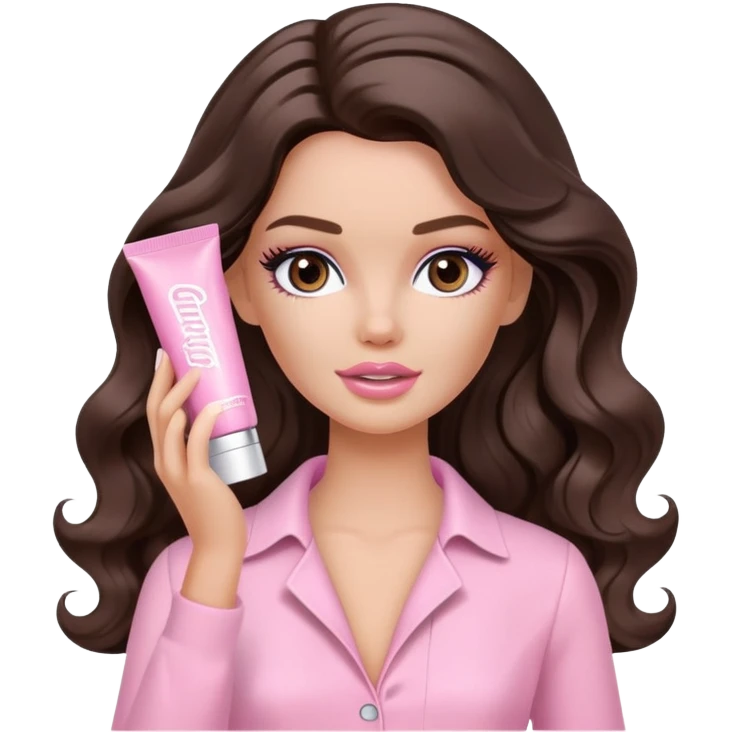 A white Barbie girl with long dark brown wavy hair in pale pink clothes smears by hand cosmetic cream on her face emoji