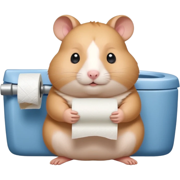 Cute chubby cartoon-style hamster sitting on toilet holding toilet paper looking as if he had an accident, sticker-style illustration emoji