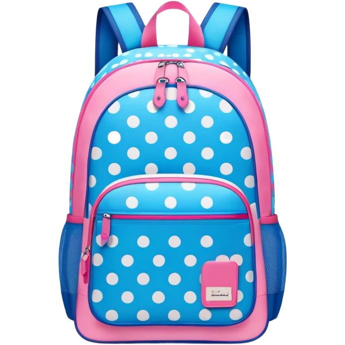 A stylish cute school backpack, medium-sized, with a modern design in bright blue and pink. It features a polka dots pattern of across the front pocket, giving it a sleek yet dynamic look, front view emoji