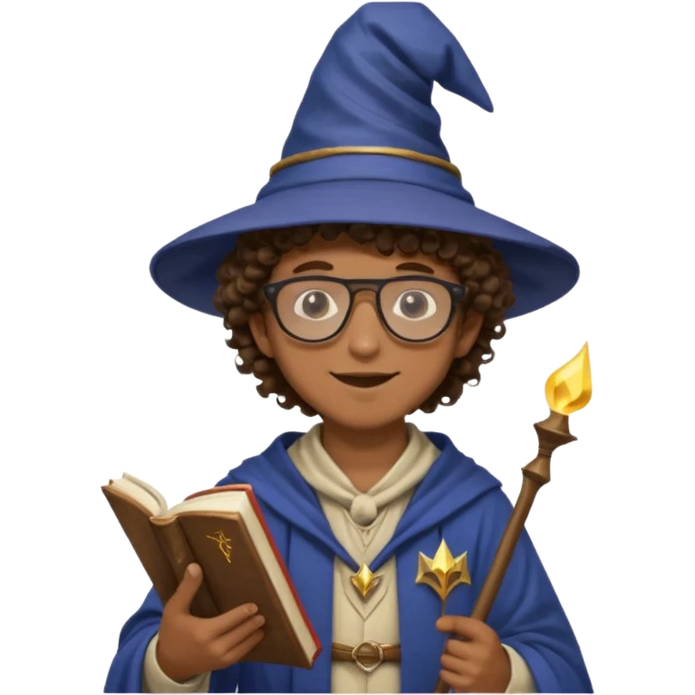 A Joyful Teen Male with Brown skin and Curly hair, wearing a Traditional outfit, a Wizard hat, Sunglasses, carrying a Spellbook, working as a farmer, while drinking Coffee and reading a Textbook. emoji
