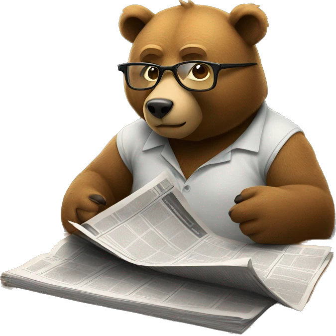 Bear sitting at a coffee table wearing glasses reading a newspaper emoji