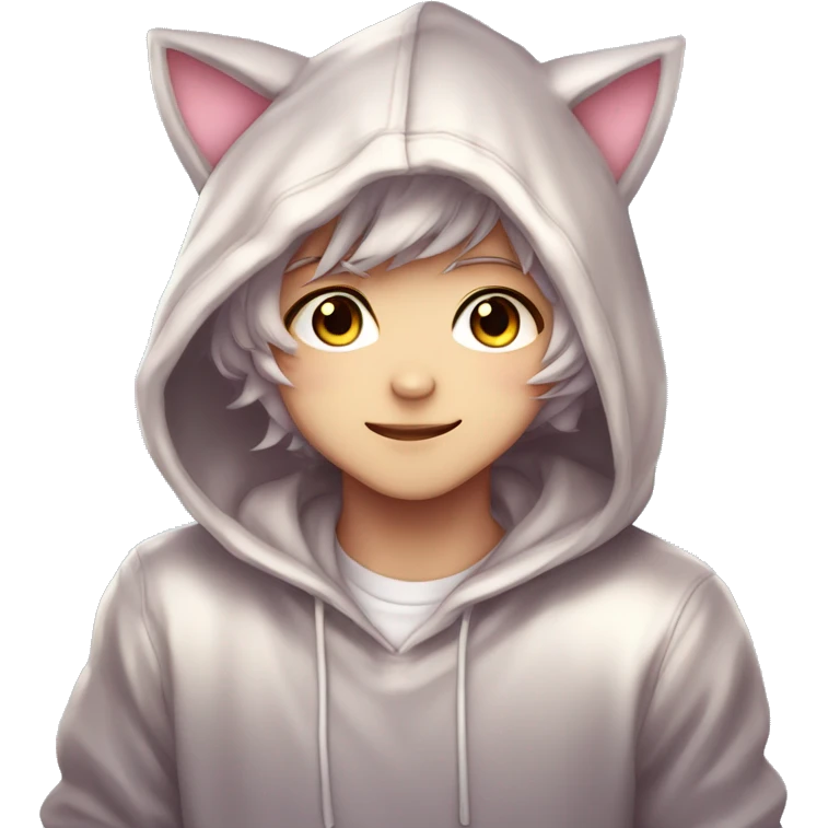 Cute Kawaii Beautiful Gorgeous Sparkly Shiny Blushing Anime Style Catboy With Pretty Hair And Hoodie emoji