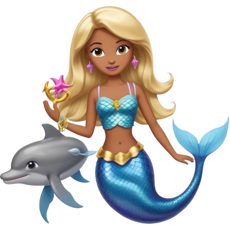 Brown skin blonde hair barbie mermaid with dolphin  emoji