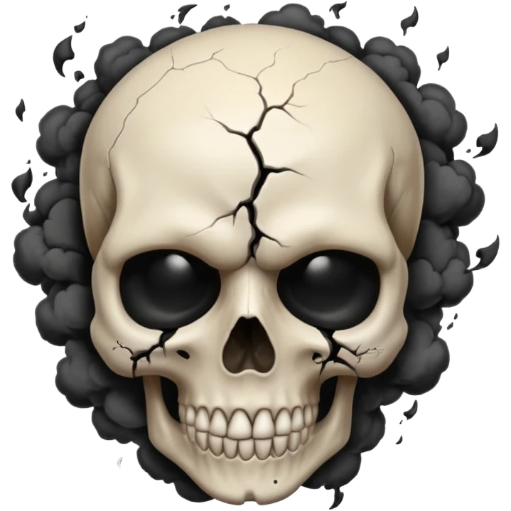 iOS style emoji, dark fantasy skull, cracks, black smoke from eyes, soft light, stylized emoji