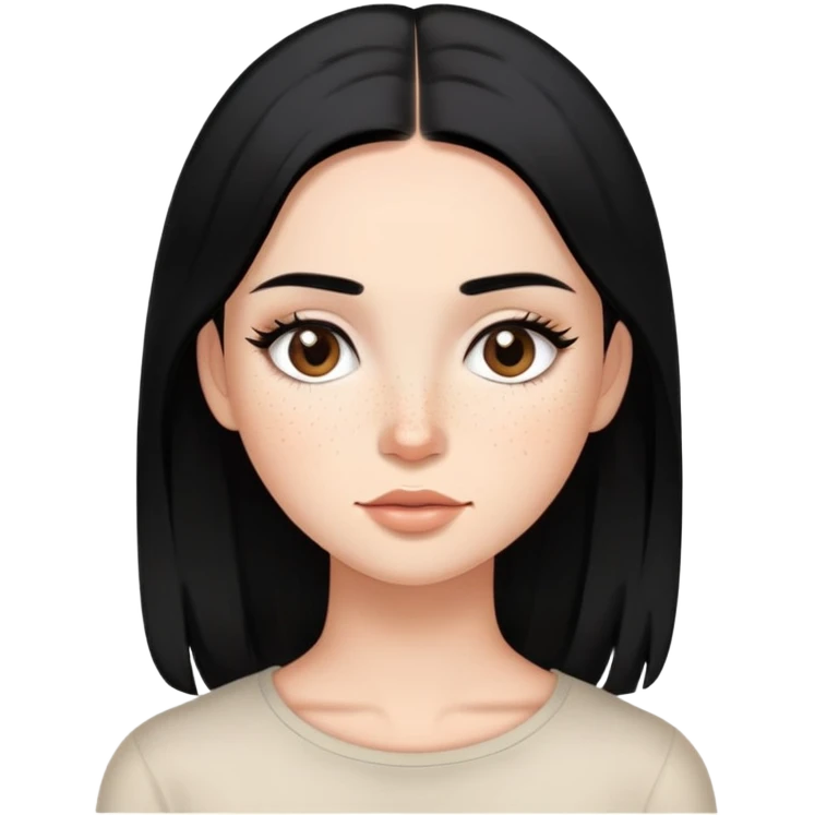 woman with silky straight black hair, subtle makeup, and cute freckles emoji