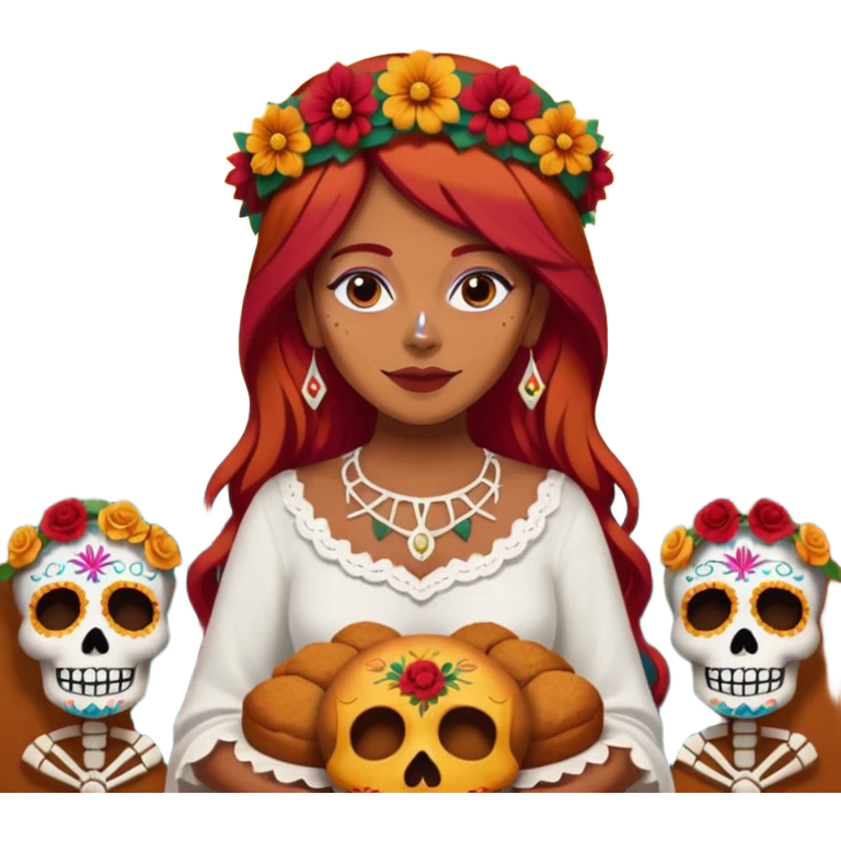Día de muertos cabello rojo pan de muerto papel picado emoji
