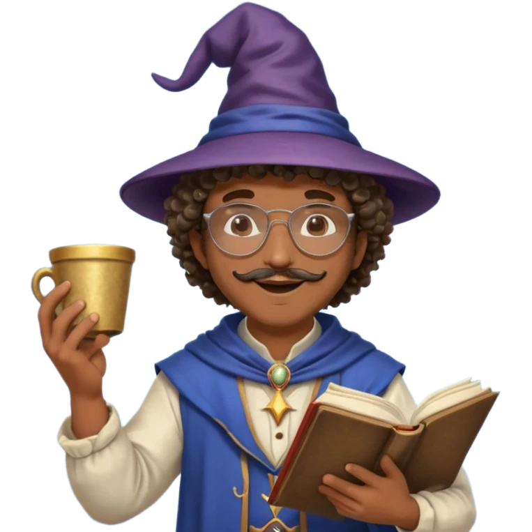A Joyful Adult Male with Brown skin and Curly hair, wearing a Traditional outfit, a Wizard hat, Sunglasses, carrying a Spellbook, working as a farmer, while drinking Coffee and reading a Textbook. emoji